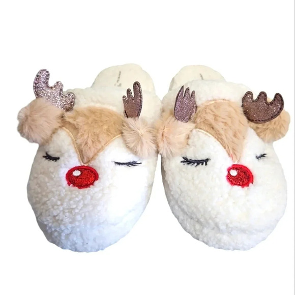 unbranded Other - GIRLS REINDEER CHRISTMAS SLIPPERS SLIP-ON SZ US 3 SPARKLE GOLD ANTLERS SOFT